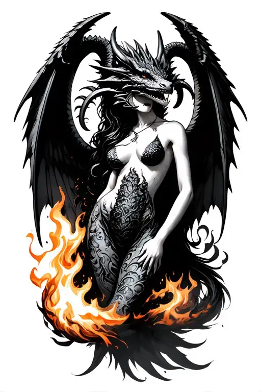 aries zodiac sign sexy girl wings surrounded fire breathing dragon tattoo design idea