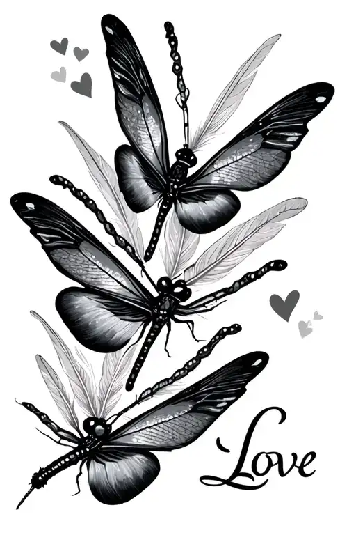 "Love " Black Feather Dragonfly Butterfly tattoo design idea