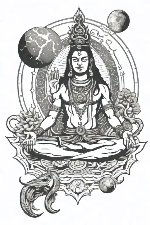 lord shiva meditating and the planetary elements in  hybrid way. Where i want to show that entire universe is within me. tattoo design idea