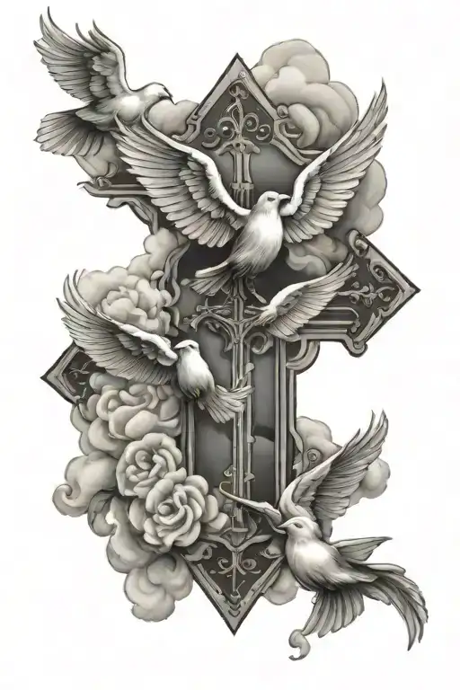 cross with doves flying and clouds  tattoo design idea