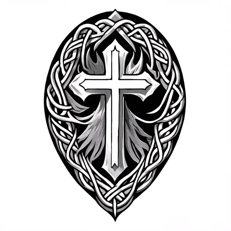 Grey scale, to be applied over left shoulder, following Irish Celtic designs, with Christian meaning tattoo design idea