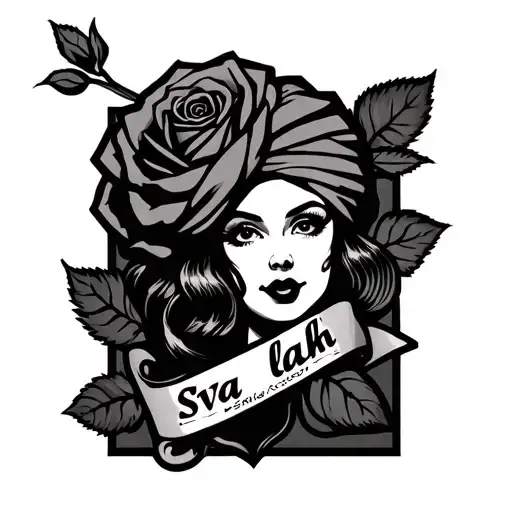 rose with a turbaned pin up girl face in the centre and a banner that reads "sva lakh" oldd school black and white tattoo design idea