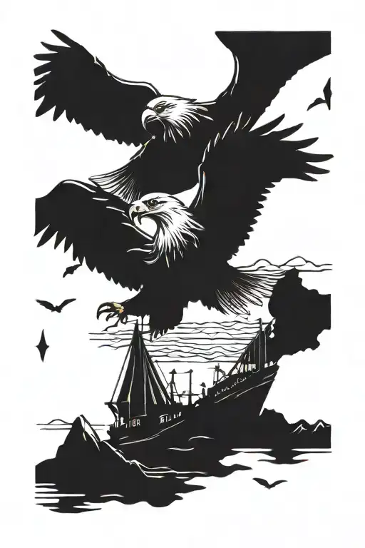 silhouette in a fishing boat in the mountains, eagle soaring in the far distant, playing cards tattoo design idea