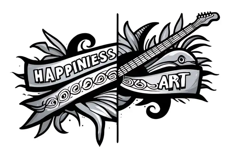 maori band divided in two section, on the left an happiness sign and an art sign, on the right a dolphin and a guitar tattoo design idea