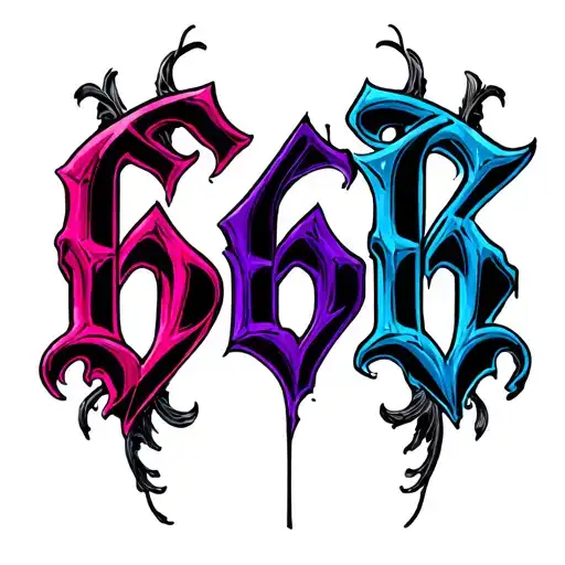 666 gothic text colored with pink purple and blue tattoo design idea