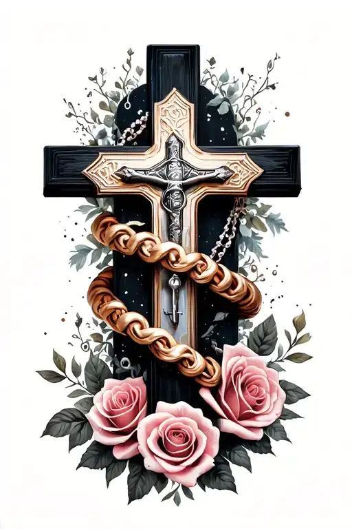 cross with rings wraping around from the back, roses and rosary filling in around it ,the words to the moon and back  tattoo design idea