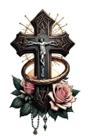 cross with rings wraping around from the back, roses and rosary filling in around it ,the words to the moon and back  tattoo design idea
