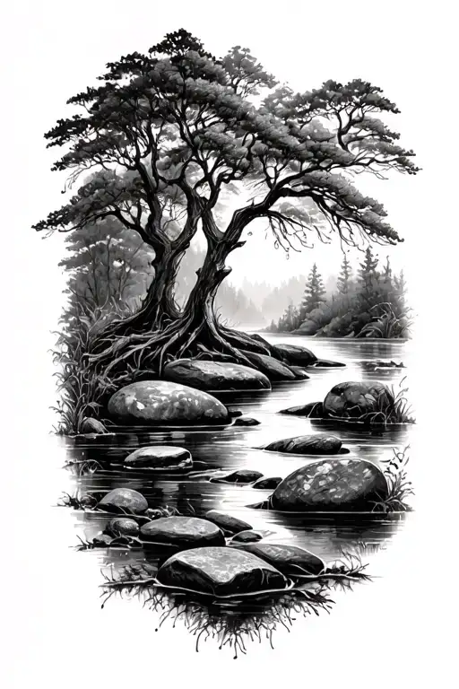 Farn trees stones stream tattoo design idea