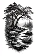 Farn trees stones stream tattoo design idea