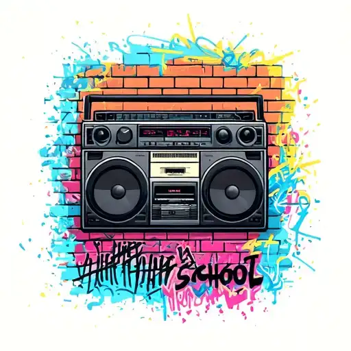 brick wall covered in graffiti, with a boom box. Justin Bua style, hip hop vibe tattoo design idea