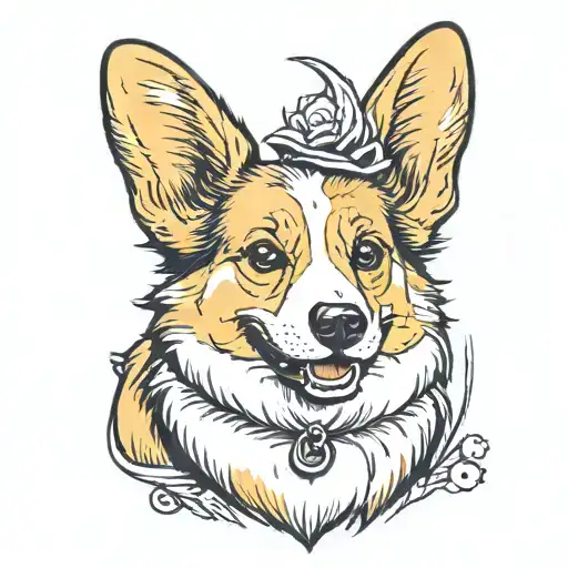 The picture has a head of a corgi dog, yellow and white color, big and furry ears, smiling and looking straight. It's si tattoo design idea