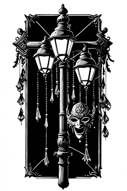 french quarter lamp post with a spider web, hanging beads and Mardi gras mask from a cross post tattoo design idea