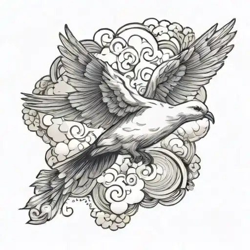 dove bird flying in cloud background tattoo design idea