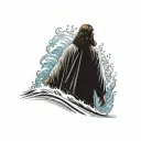 Hyper Realistic, Portrait of Jesus Christ walking from the back, on water waves, stormy waters, highly detailed imagery, tattoo design idea