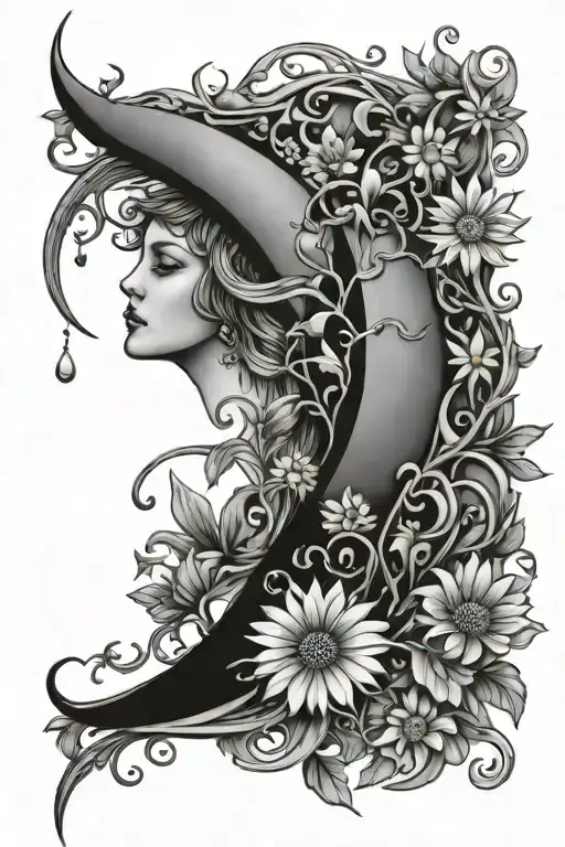 crescent moon dangling daisys, vines, and leaves tattoo design idea