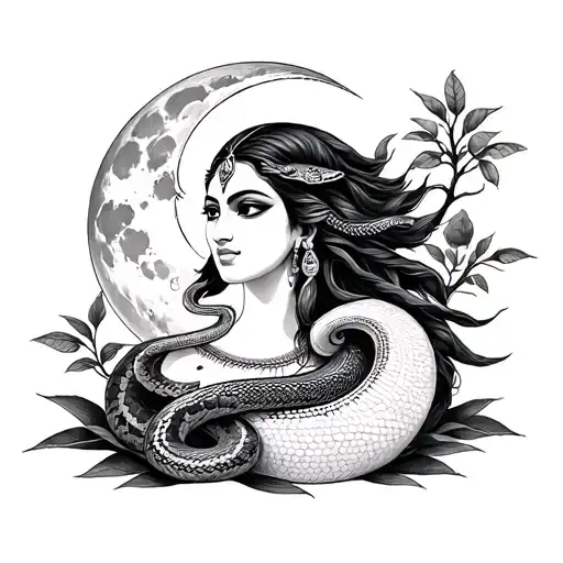 Tattoo idea of Realistic Igbo godess Ala with sacred python, moon, and earth/tree  tattoo design idea