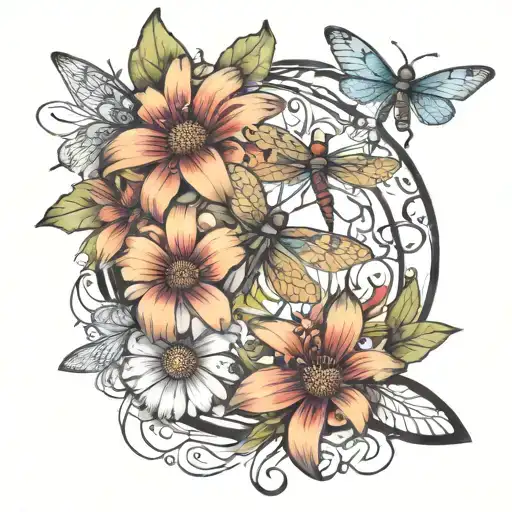 A tattoo design featuring each of your 5 children's names intertwined with vibrant cone flowers and dragonflies tattoo design idea