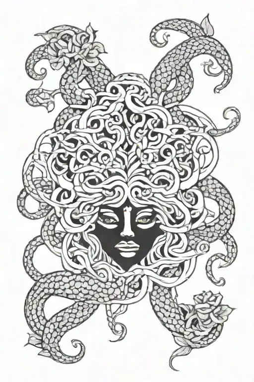 Medusa head surrounded by snakes and flowers intertwined  tattoo design idea