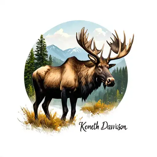 moose in nature with antlers saying Kenneth Davidson  tattoo design idea