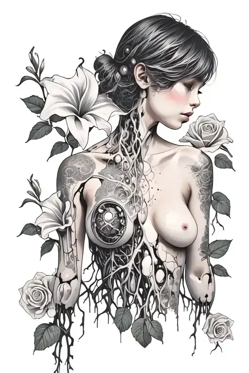 Silhouette of girl, half robot, with short hair, bare chest, roots growing out of roses and peace lily, decaying flesh tattoo design idea