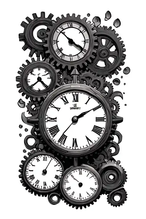 Dials with four gears in the middle, the clock hand is at six o'clock and five minutes. tattoo design idea