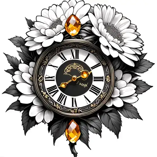 9:01 roman clock with chrysanthemum flowers and citrine birthstones tattoo design idea