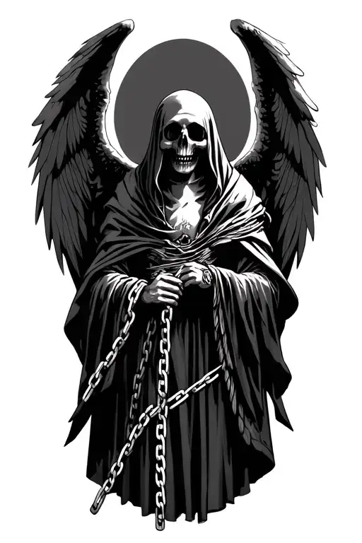 Angel Of Death cloaked holding a chain wrapped front view  tattoo design idea