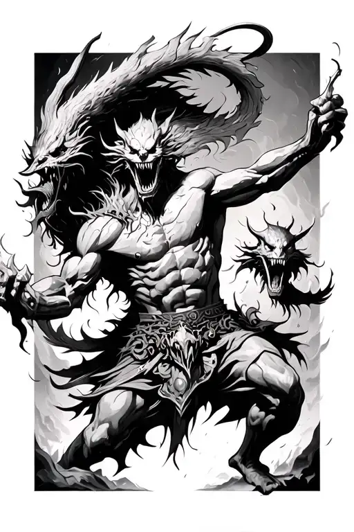 a spirit warrior  fighting demons tattoo design idea
