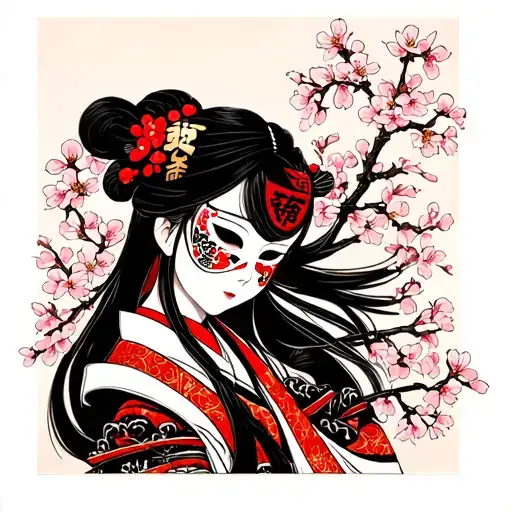 Japanese samurai girl with hanya mask surrounded by cherry blossoms  tattoo design idea