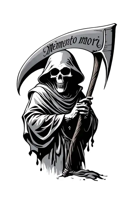 grim reaper with scythe written memento mori text tattoo design idea