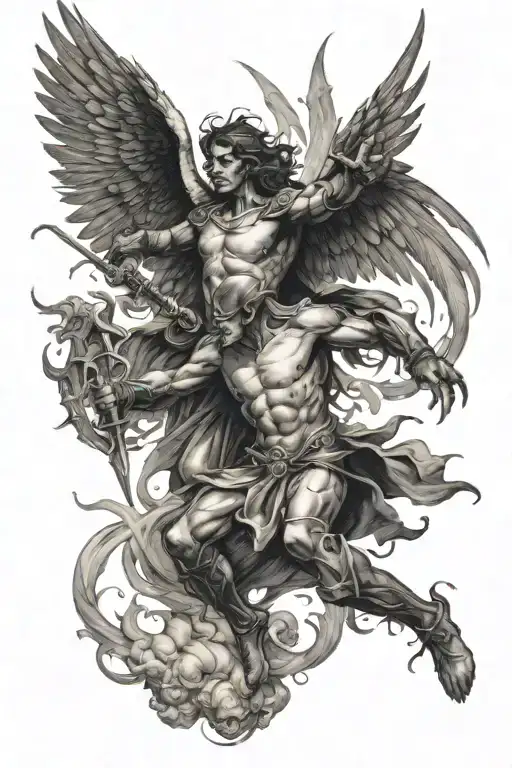 A tattoo of a dark angel battling a demon, showcasing the eternal struggle between good and evil that the undercover cop faces every day tattoo design idea