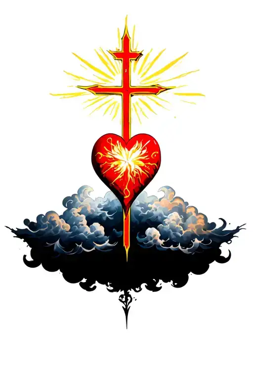 red heart shape, clouds, yellow rays, floral patterns, Norse cross tattoo design idea