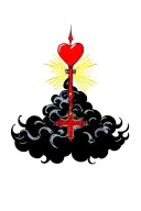 red heart shape, clouds, yellow rays, floral patterns, Norse cross tattoo design idea
