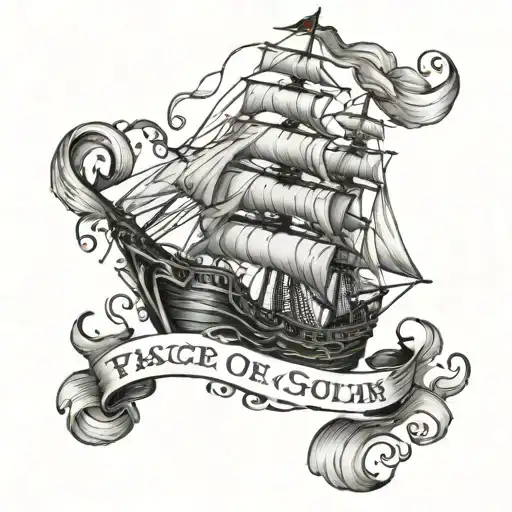 Pirate ship sailing with names Jacob Caitlin Owen tattoo design idea