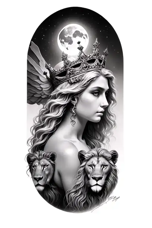 black & grey realism- beautiful greek goddess with light color hair, wearing crown, 2 lions and moon tattoo design idea