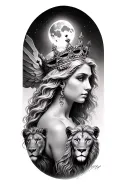 black & grey realism- beautiful greek goddess with light color hair, wearing crown, 2 lions and moon tattoo design idea
