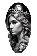 black & grey realism- beautiful greek goddess with light color hair, wearing crown, 2 lions and moon tattoo design idea