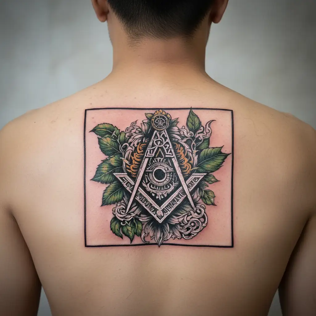 freemason tattoo on my chest area with acacia leafs and detailed background tattoo design idea