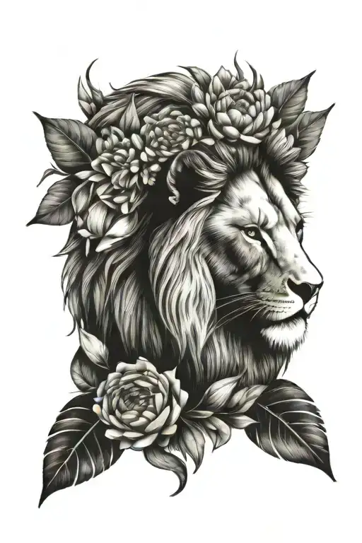 Lion head with table mountain and fynbos bouquet with king protea tattoo design idea
