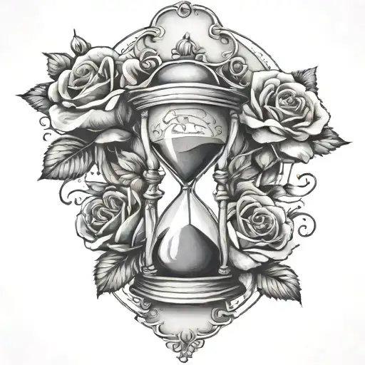 hourglass, clock, roses growing tattoo design idea