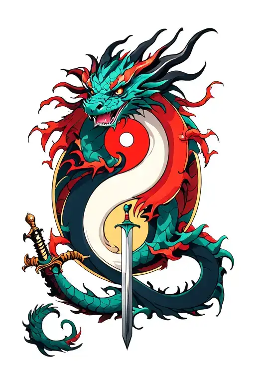 Yin-yang dragon with a sword in the middle tattoo design idea