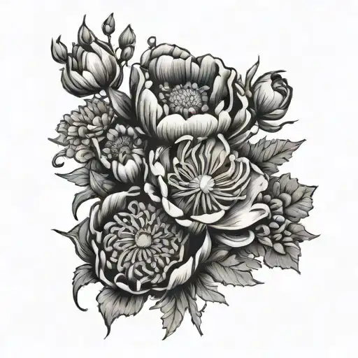 poppy, chrysanthemum, honeysuckle, carnation bouquet tattoo design idea