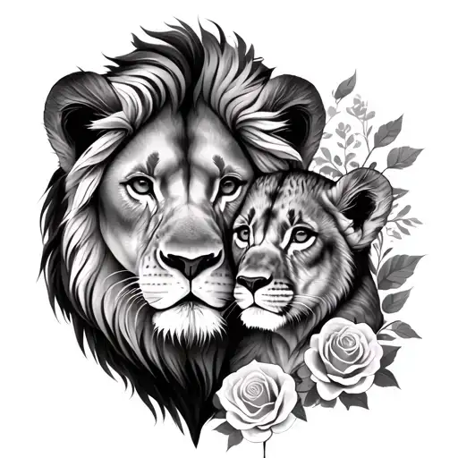 lion and cub faces with roses represet father and daughter tattoo design idea