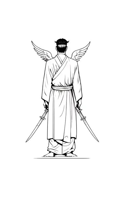A humble, powerful and popular Japanese man standing facing the sun with two swords in a scabbard on his back with the number of angels 888 and hoping to God tattoo design idea