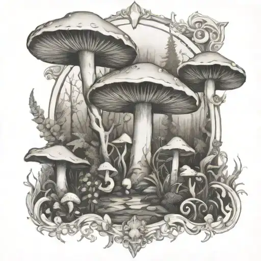 enchanted mossy forest scene, mushroom, crystals, tarot, fairies tattoo design idea