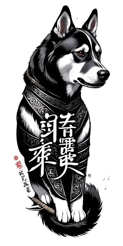 samurai , japanese small text , family date of births , dog american stafford  tattoo design idea