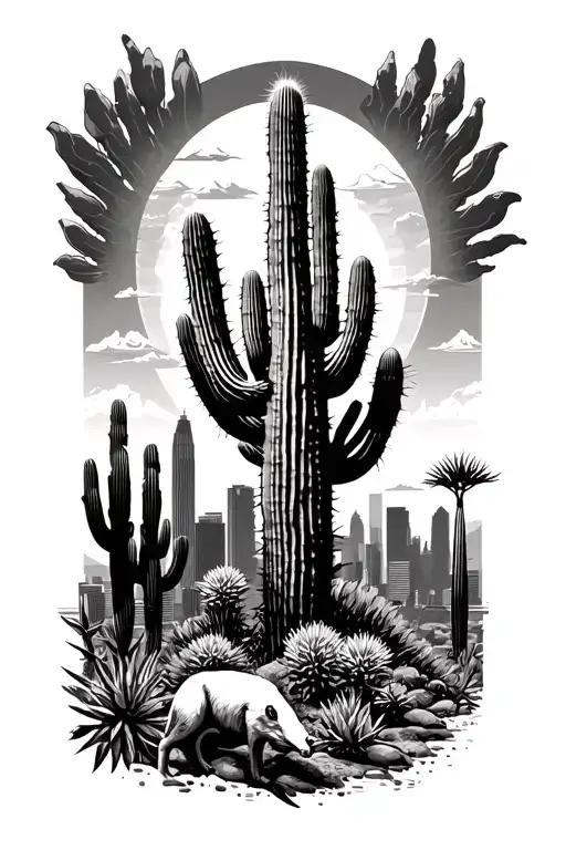 phoenix Arizona cactus native animals and city skyline inside  tattoo design idea