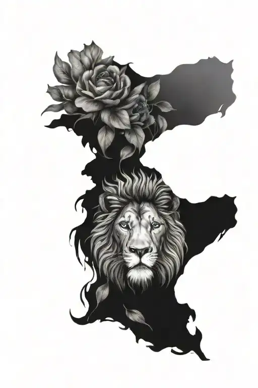 a gorgeous lion head with flowers and leaves around it and a stunning maine tattoo design idea