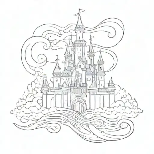 a continuous line that starts with a heart, continues with 4 waves, and ends subtly drawing the of Disney castle tattoo design idea