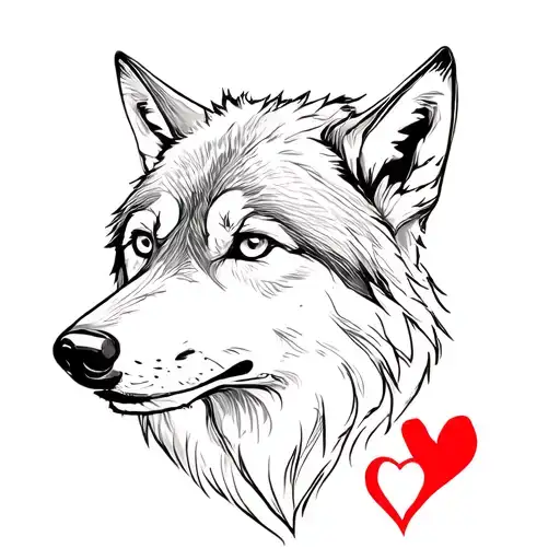simple wolf face on shoulder and wolf is looking towards heart  tattoo design idea